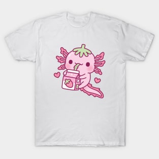 Cute Axolotl Loves Drinking Strawberry Milk T-Shirt